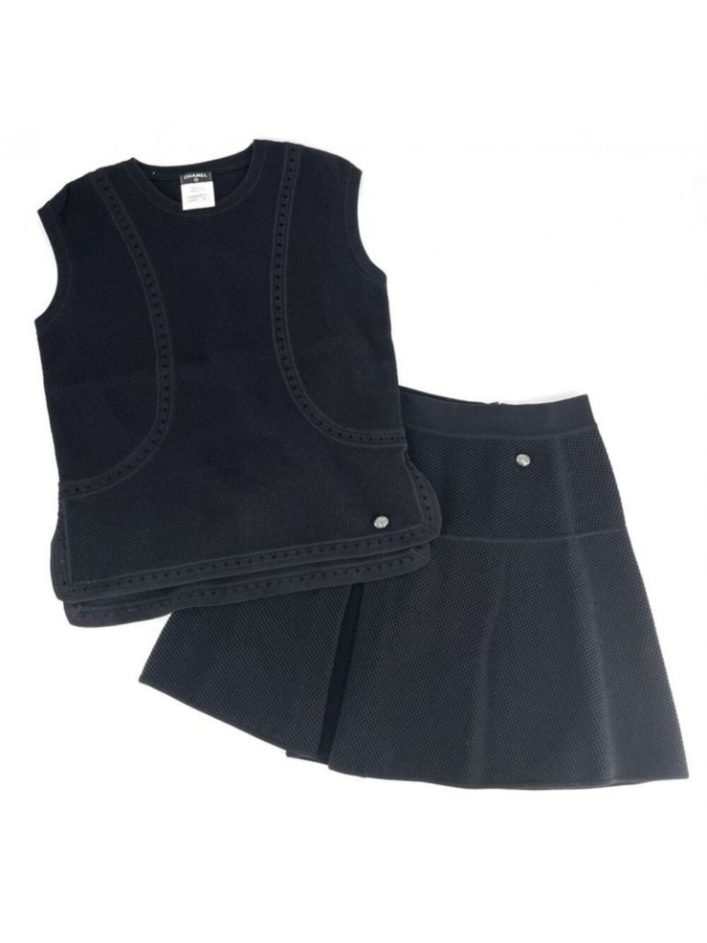 Chanel Set Suit Apparel Clothes Tank Top Mini Skirt Mesh 40 Black